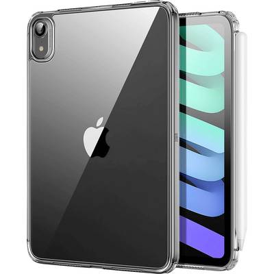 Klares Smartphone-Case mit sichtbar platziertem weißen Apfel-Logo auf der Rückseite, daneben ein Tablet mit Farbdisplay und Stift.