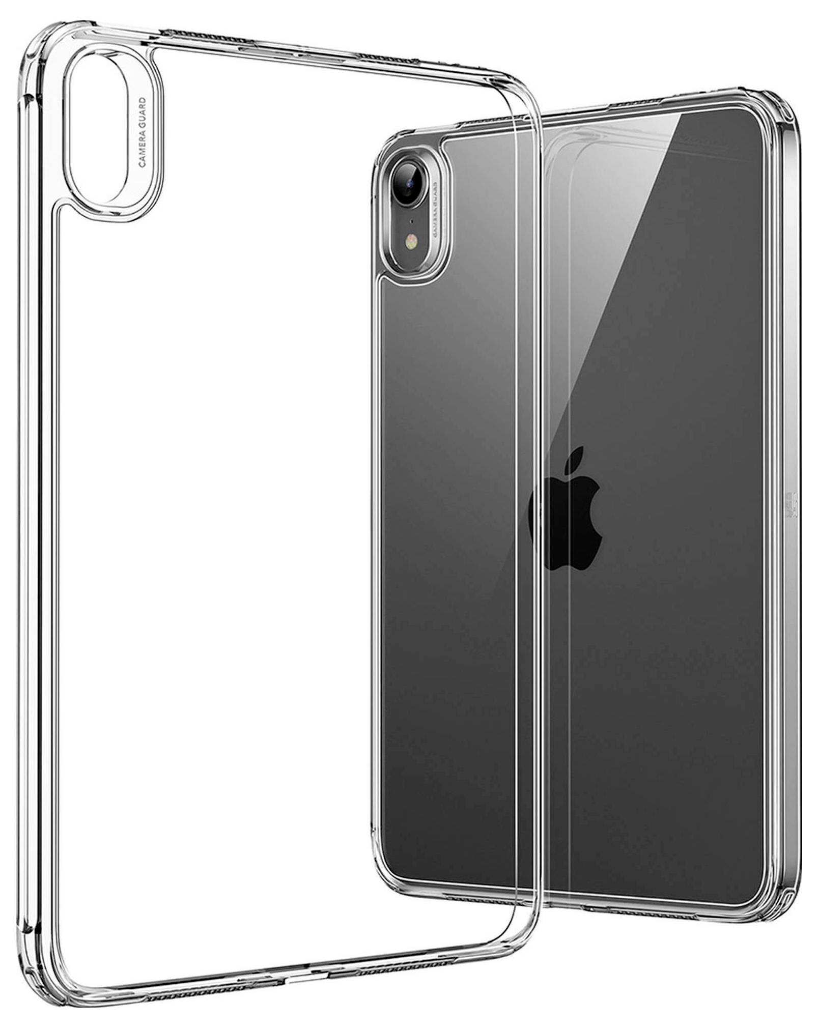 Transparente Handyhülle schützt ein Smartphone und zeigt das Apple-Logo auf der Rückseite.