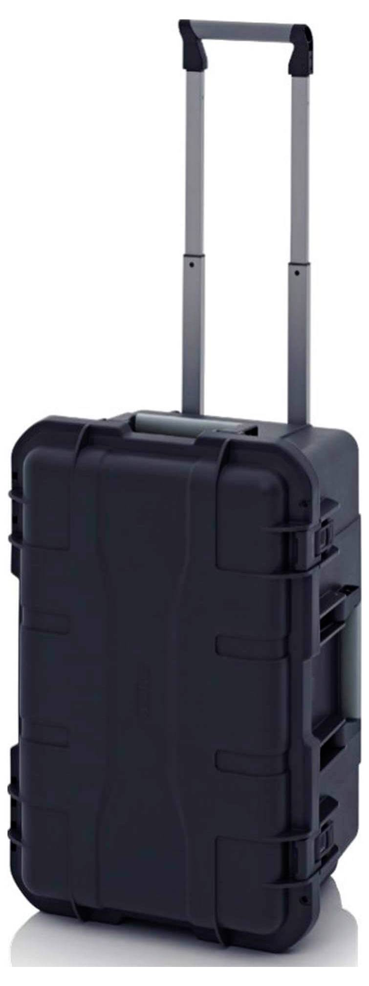 Schwarzer Hartschalen-Trolley-Koffer mit ausziehbarem Griff und Rollen, geeignet für Reisen oder Transport empfindlicher Gegenstände.