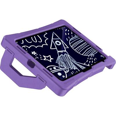Ein Kinder-Tablet mit einem lilafarbenen Gehäuse zeigt eine Zeichnung von einer Rakete im Weltraum mit Planeten und Sternen.