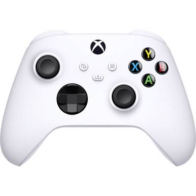 Ein weißer Videospiel-Controller mit farbigen Tasten, Steuerkreuz und Analog-Sticks. Oben ist ein Logo in Form eines X.