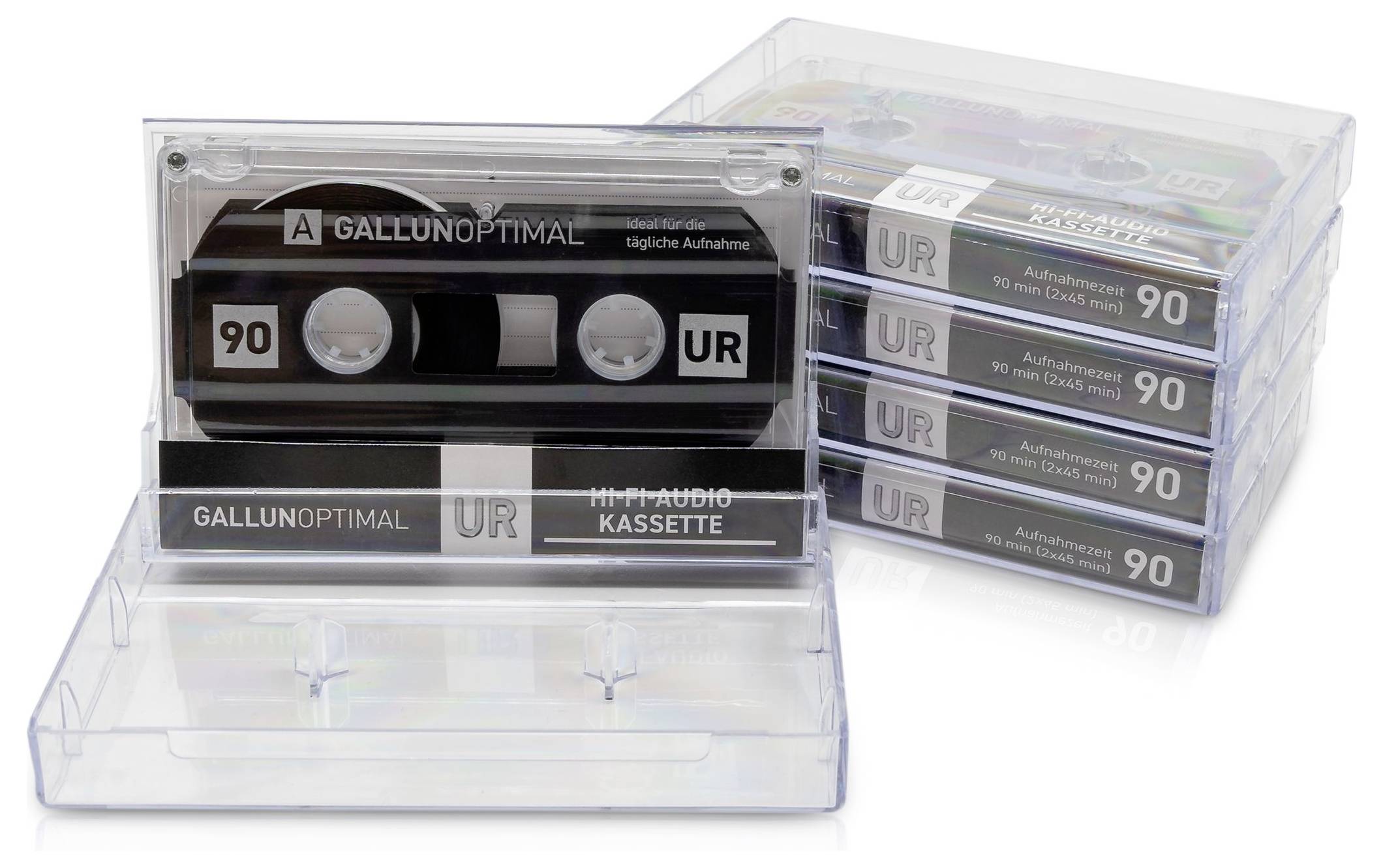 Eine transparente Kassette mit dem Aufdruck 'Gallunoptimal', daneben ein Stapel ähnlicher Kassetten, alle in durchsichtigen Hüllen.
