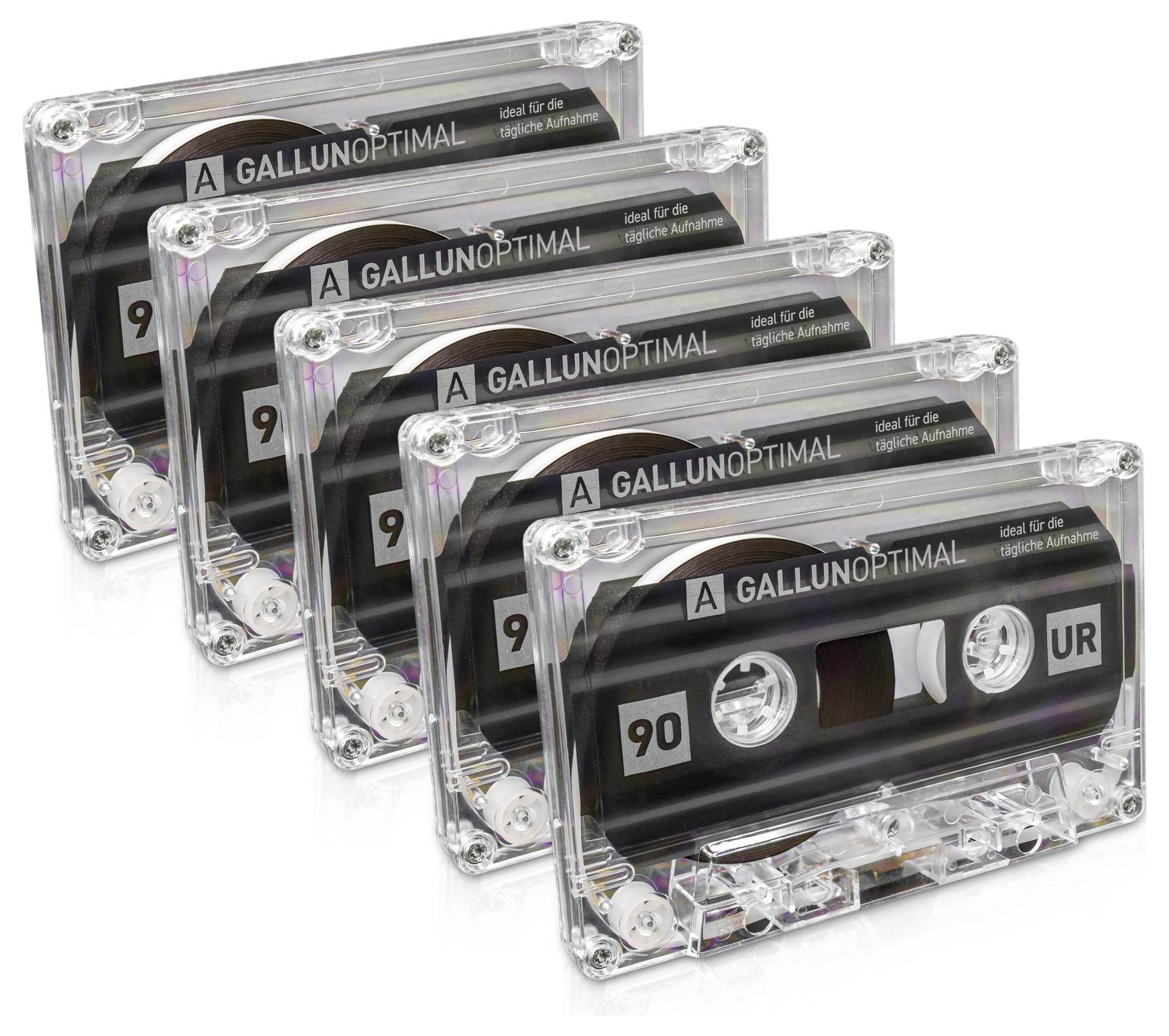 Fünf transparente Audiokassetten in einem gestaffelten Arrangement, Beschriftung 'Gallun Optimal', geeignet für 90 Minuten Aufnahme.