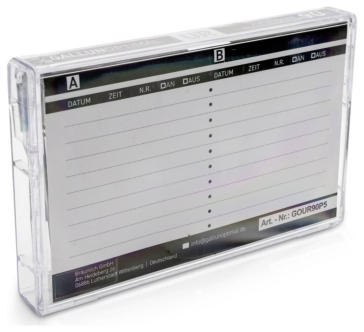 Durchsichtige Kassette für Datenprotokollierung, mit markierten Spalten 'Datum', 'Zeit', 'Nr.', 'DAN', 'DAUS' für Einträge.