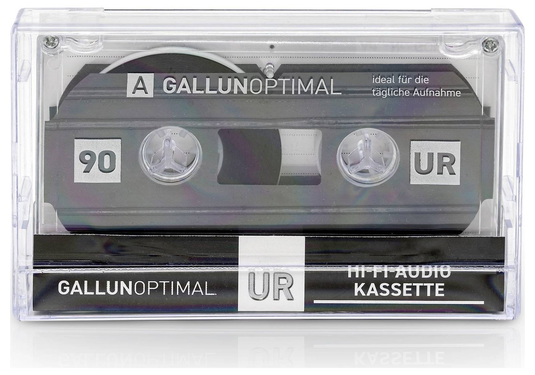 Audiokassette von Gallunoptimal, Typ UR, ideal für tägliche Aufnahmen. Transparentes Gehäuse mit sichtbaren Spulen.