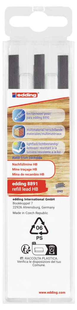 Nachfüllminen edding 8891 HB, 12 Stück, schwarz, in durchsichtiger Verpackung mit Aufschrift und Symbolen.