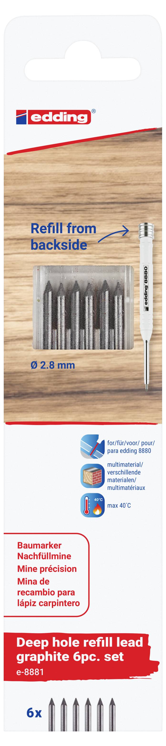 Produktverpackung für „edding" Nachfüllmine: Blisterpackung mit sechs 2,8 mm Graphitminen, gezeigt mit einem Stift und einer Nachfüllung von der Rückseite.