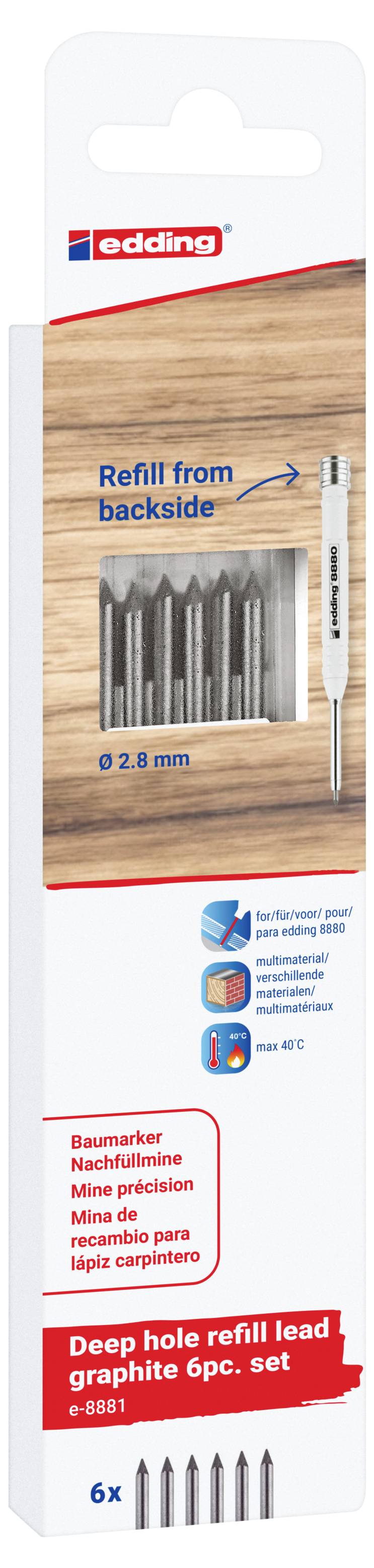Packung mit Edding Tiefenloch-Nachfüllmine Graphit 6er-Set, zeigt 2,8 mm Minen und Anleitung zum "Nachfüllen von hinten".