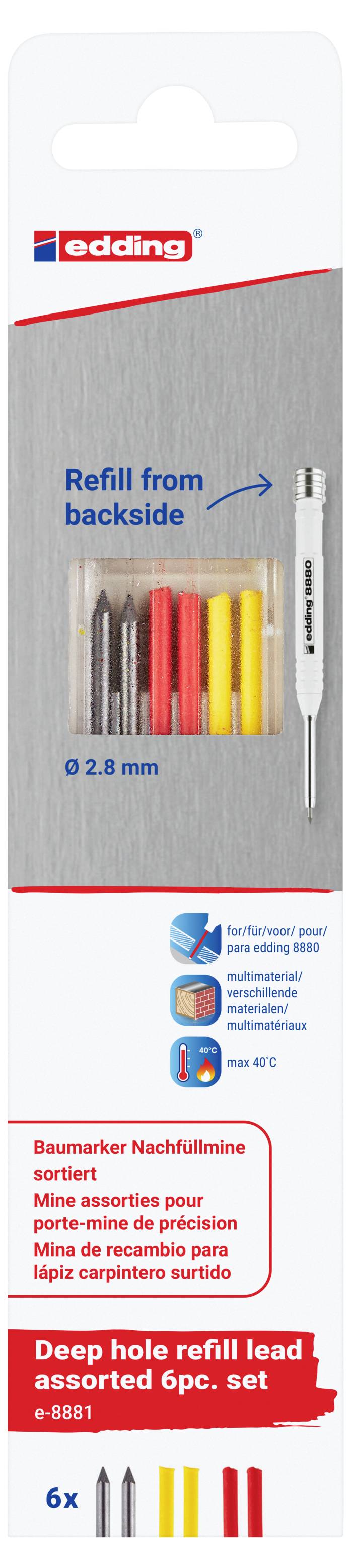 Verpackung für edding Bohrloch-Nachfüllminen-Sortiment, 6er-Set, zeigt Nachfüllung von der Rückseite, 2,8 mm Minen, mit 6 verschiedenen Farben.