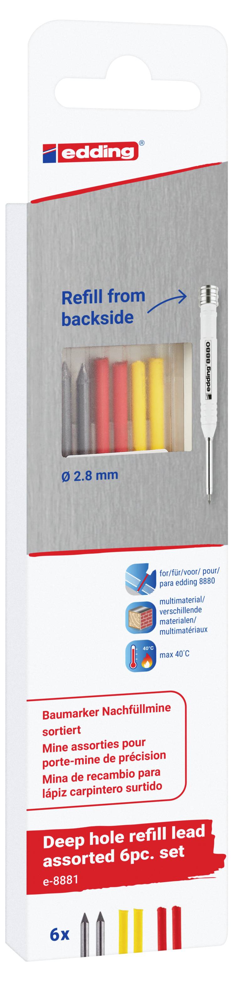 Edding Nachfüllminen-Set für Fineliner, zeigt 6 sortierte 2,8 mm Minen und "Von hinten nachfüllen" auf der Vorderseite.