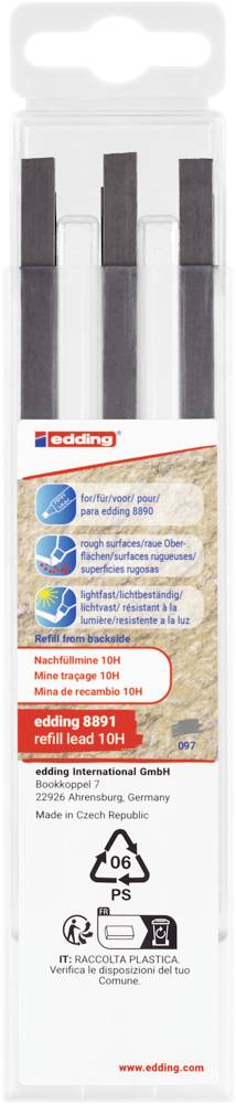 Die Abbildung zeigt eine Packung mit Nachfüllminen von Edding, drei Stück im Härtegrad 1H. Hauptverwendung: technisches Zeichnen.