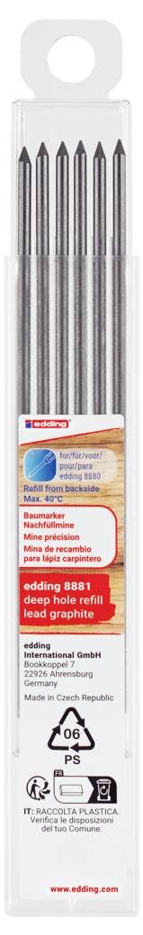 Ein Set von 12 Minen für Druckbleistifte, Härtegrad HB, 0,5 mm. Verpackt in einem transparenten Kunststoffbehälter.