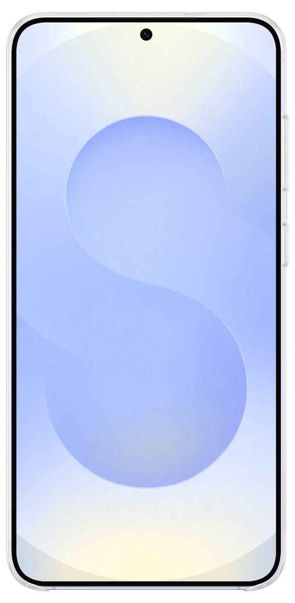 Smartphone mit randlosem Display, zentraler Frontkamera und blauem Hintergrundbild auf dem Bildschirm.