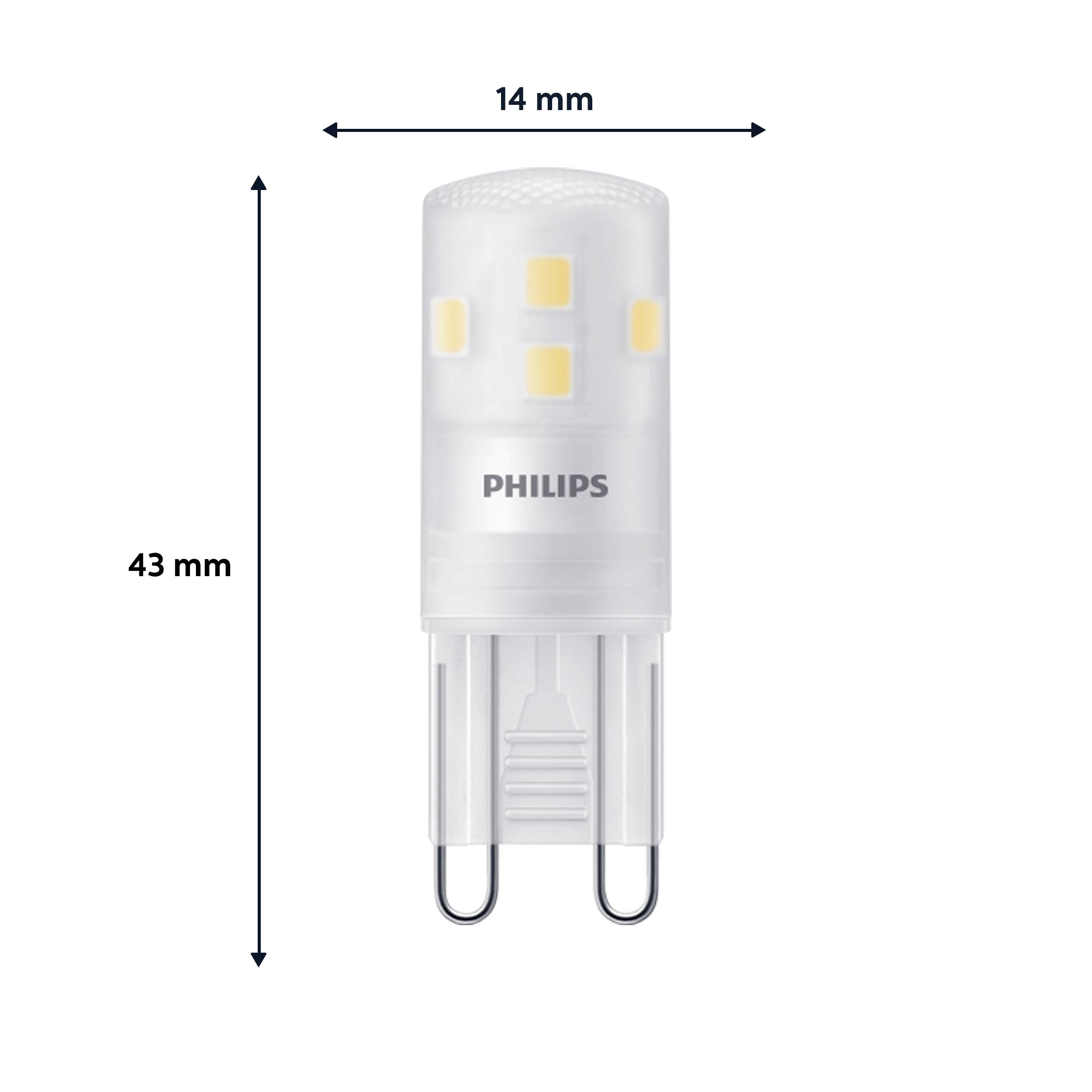 'Philips LED Glühbirne, 43 mm hoch, 14 mm breit, G9-Sockel, energieeffizient, für allgemeine Beleuchtungszwecke.'