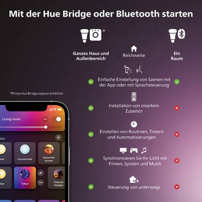 'Mit der Hue Bridge per Bluetooth starten' zeigt Smart-Home-Optionen für Lichtsteuerung mit Farb- und Raumfunktionen und Sprachsteuerung.