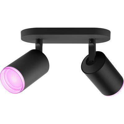 Schwarzes, zweiflammiges Decken-Spotlicht mit rosa leuchtenden LED-Lampen, geeignet für moderne Wohnräume oder Büros.