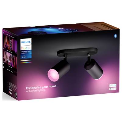 Verpackung einer Philips Hue LED-Leuchte mit zwei Strahlern. Beschriftung: 'Personalise your home with smart lighting'.