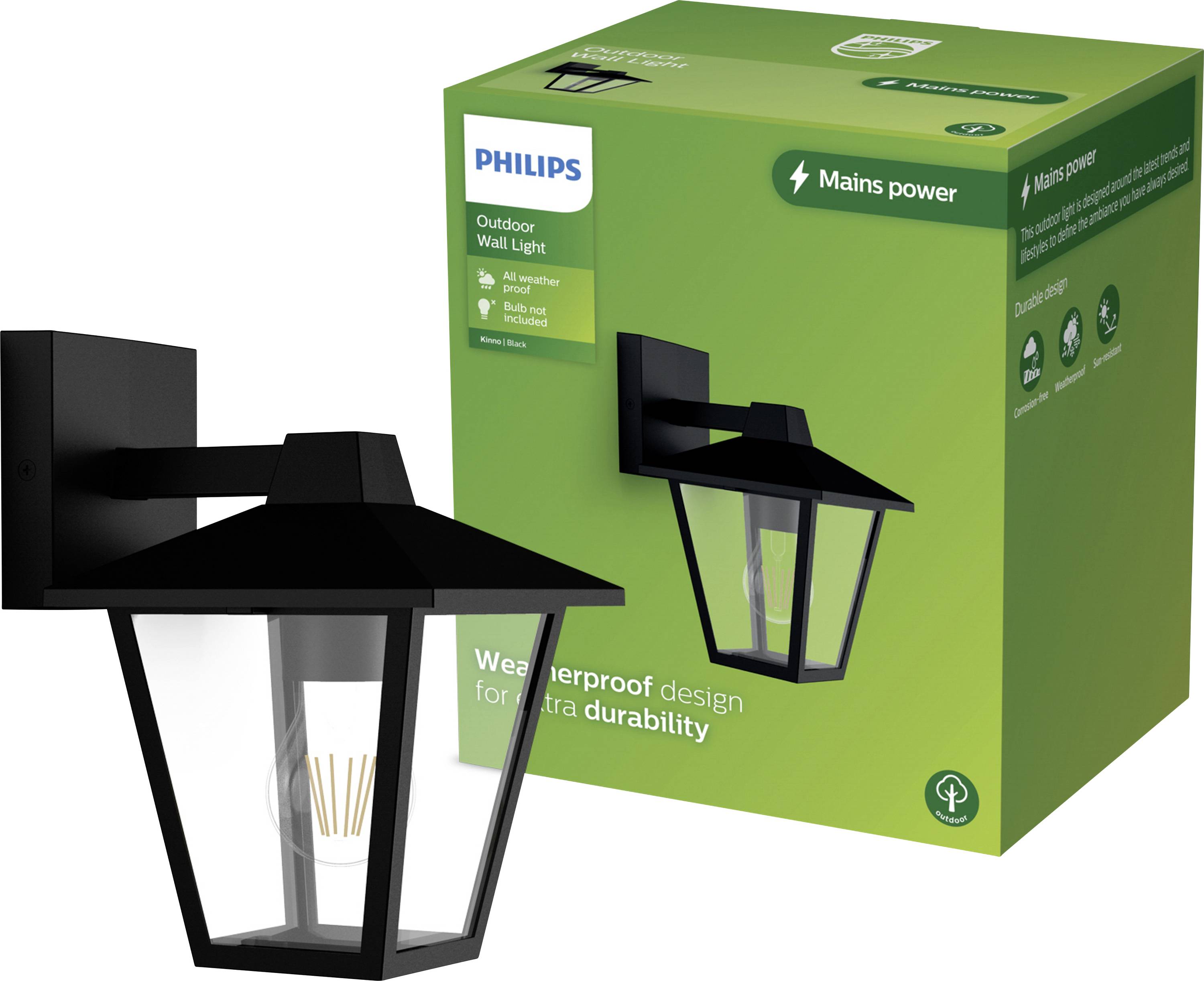 'Philips Außenwandleuchte, schwarze Metallhalterung, grüne Verpackung mit Text: Mains power, Weatherproof design for extra durability.'