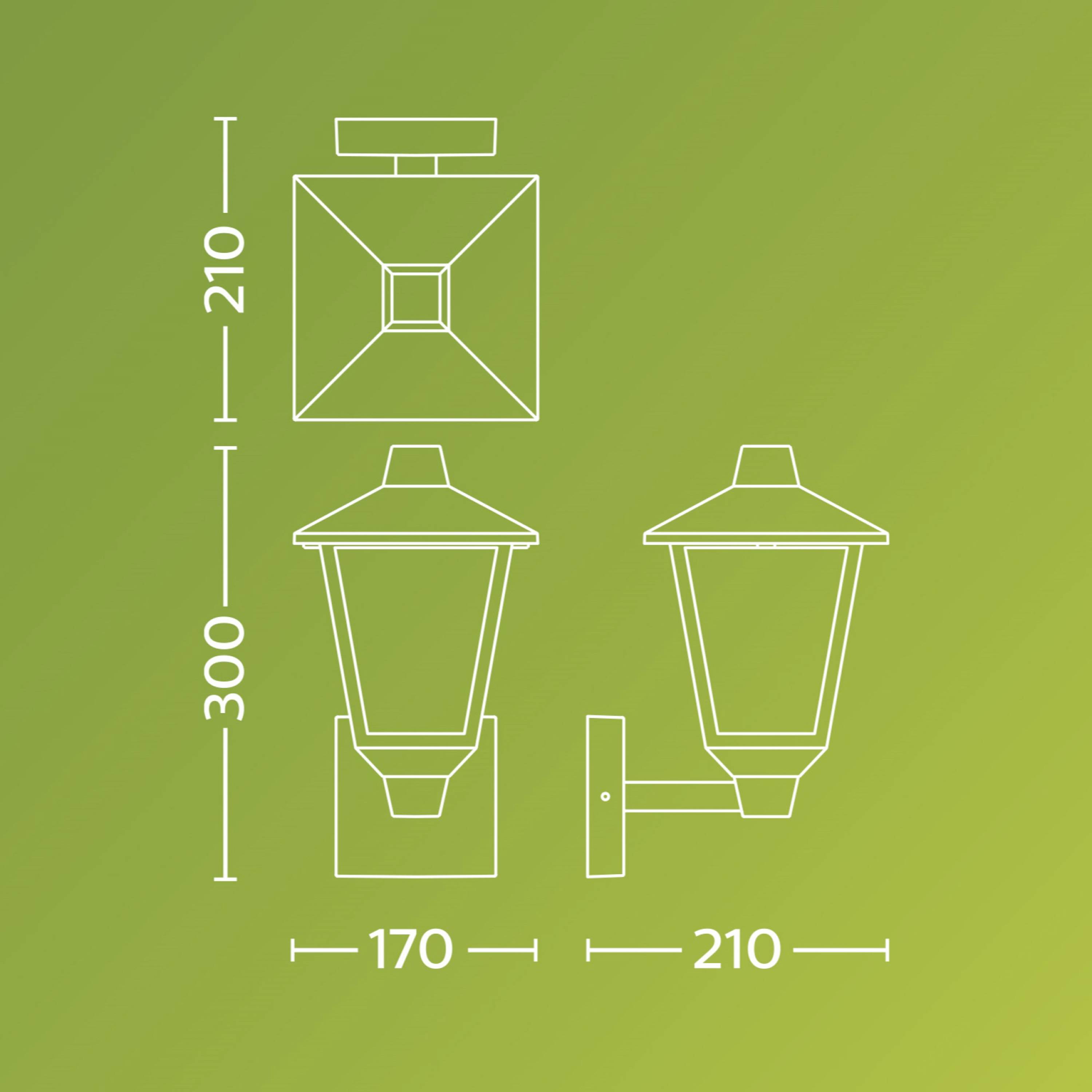 Weiße technische Zeichnung einer Wandlaterne auf grünem Hintergrund. Maße: 300 mm hoch, 170 mm breit, 210 mm Ausladung.