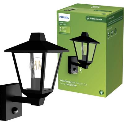 Eine schwarze Außenwandlampe im Laternenstil neben einer grünen Philips-Verpackung; wetterfestes Design für erhöhte Haltbarkeit.
