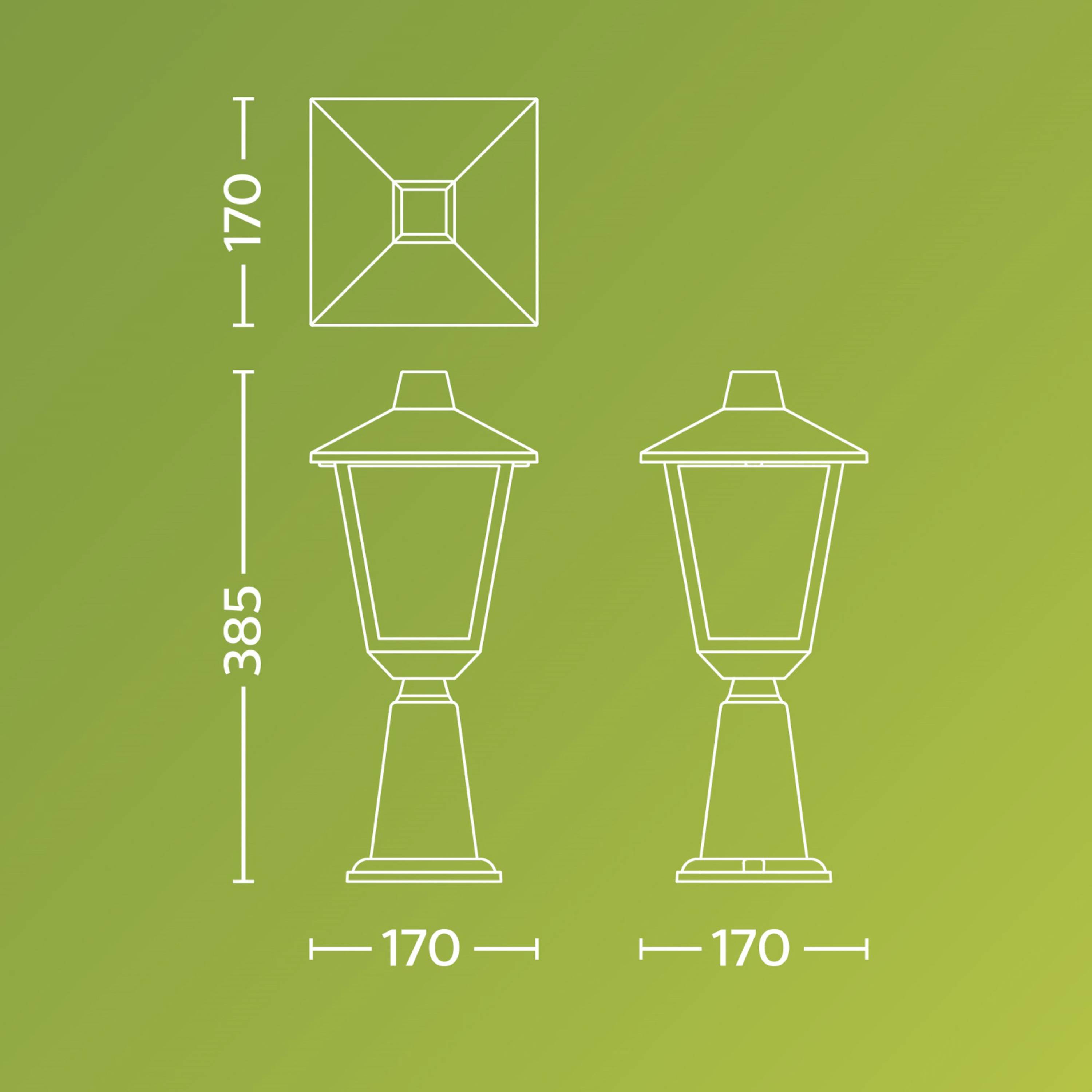 'Auf einer grünen Fläche sind zwei stilisierte Straßenlaternen und ein quadratisches Basisdiagramm zu sehen. Maße: 170 und 385 cm.'