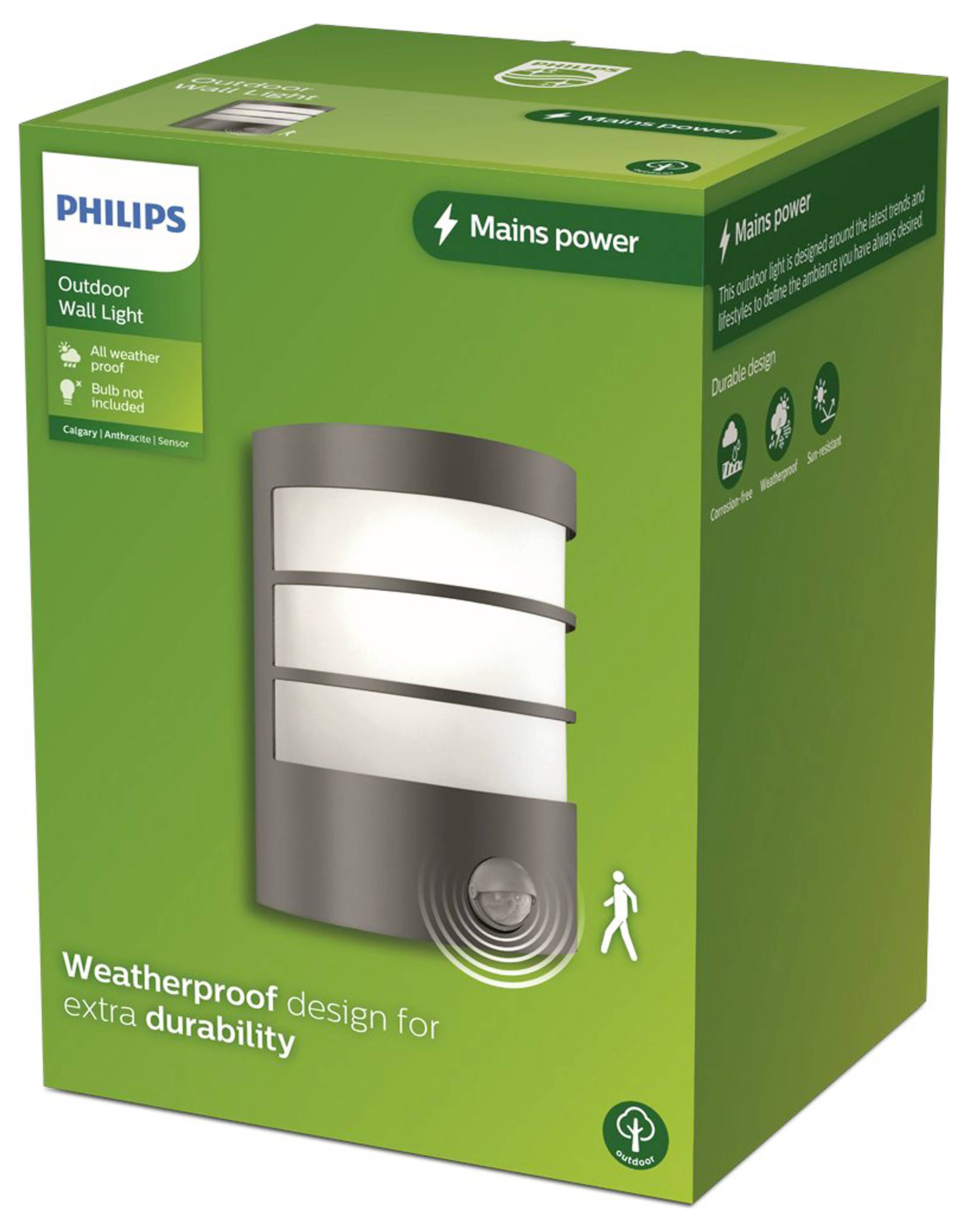 Eine Philips Außenwandleuchte, strombetrieben, wetterfest, extra haltbar, mit Bewegungssensor, auf grünem Hintergrund der Verpackung.