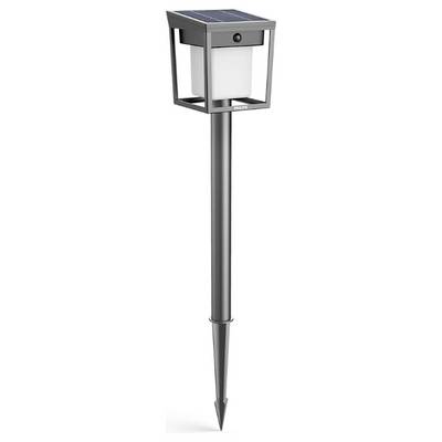 Gartenleuchte mit Solarpanel und Erdspieß. Rechteckiges Design, silberne Metallstruktur, weiße Lampe im Inneren. Ideal für Außenbereiche.