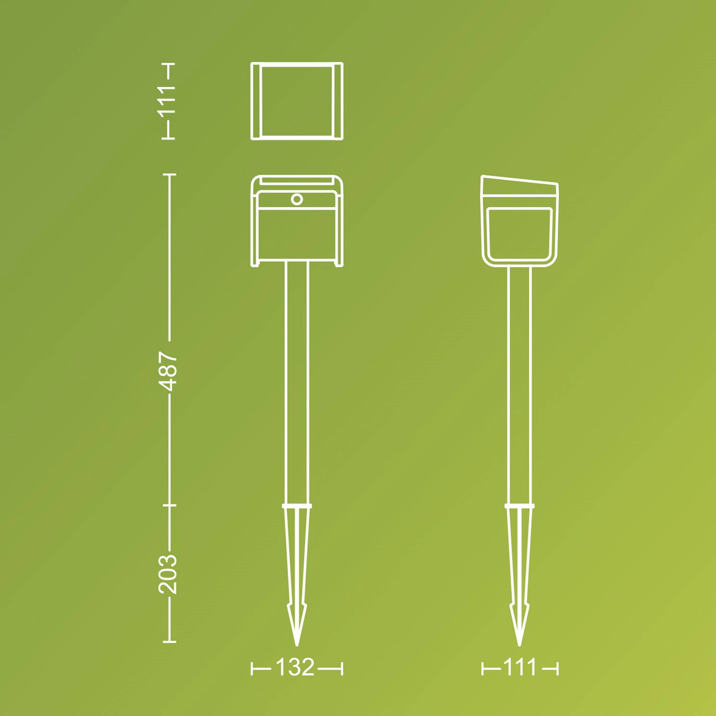 Technische Zeichnung einer Gartenleuchte mit Maßen: Höhe 487 mm, Breite 132 und 111 mm, Seitenansicht und Frontansicht auf grünem Hintergrund.