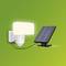 Solarbetriebene LED-Wandleuchte mit Sensor, angeschlossen an ein Solarpanel auf grünem Hintergrund. Ideal für nachhaltige Außenbeleuchtung.