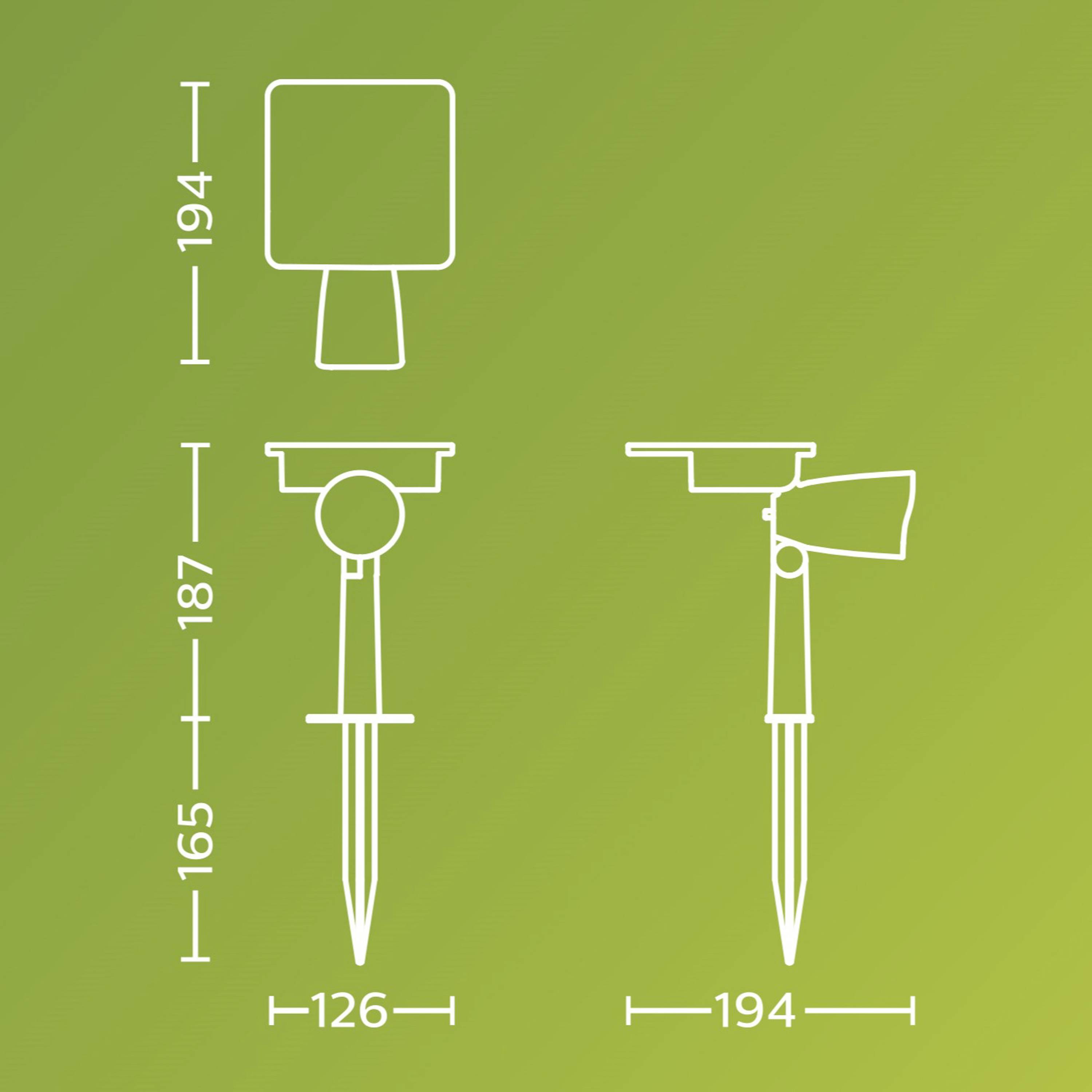 'Technische Zeichnung einer Gartenleuchte mit Maßen: Höhe 194 mm, Breite 126 mm, Gesamthöhe 187 mm, Bodenhöhe 165 mm.'