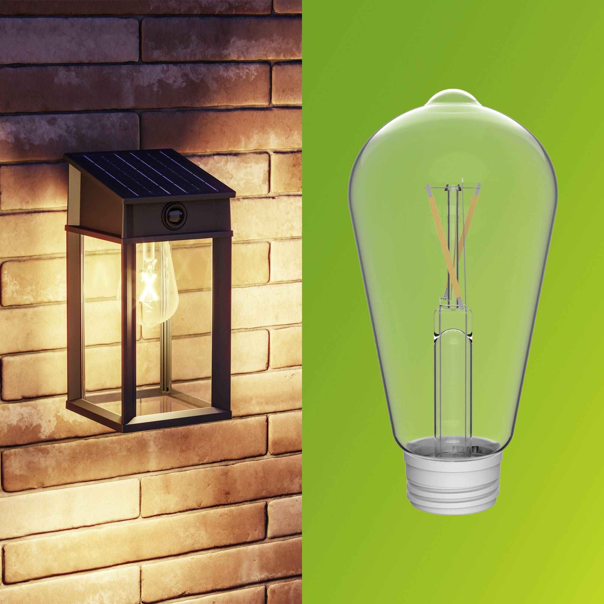 Links eine beleuchtete Wandleuchte an einer Ziegelwand, rechts eine Energiesparlampe vor grünem Hintergrund.