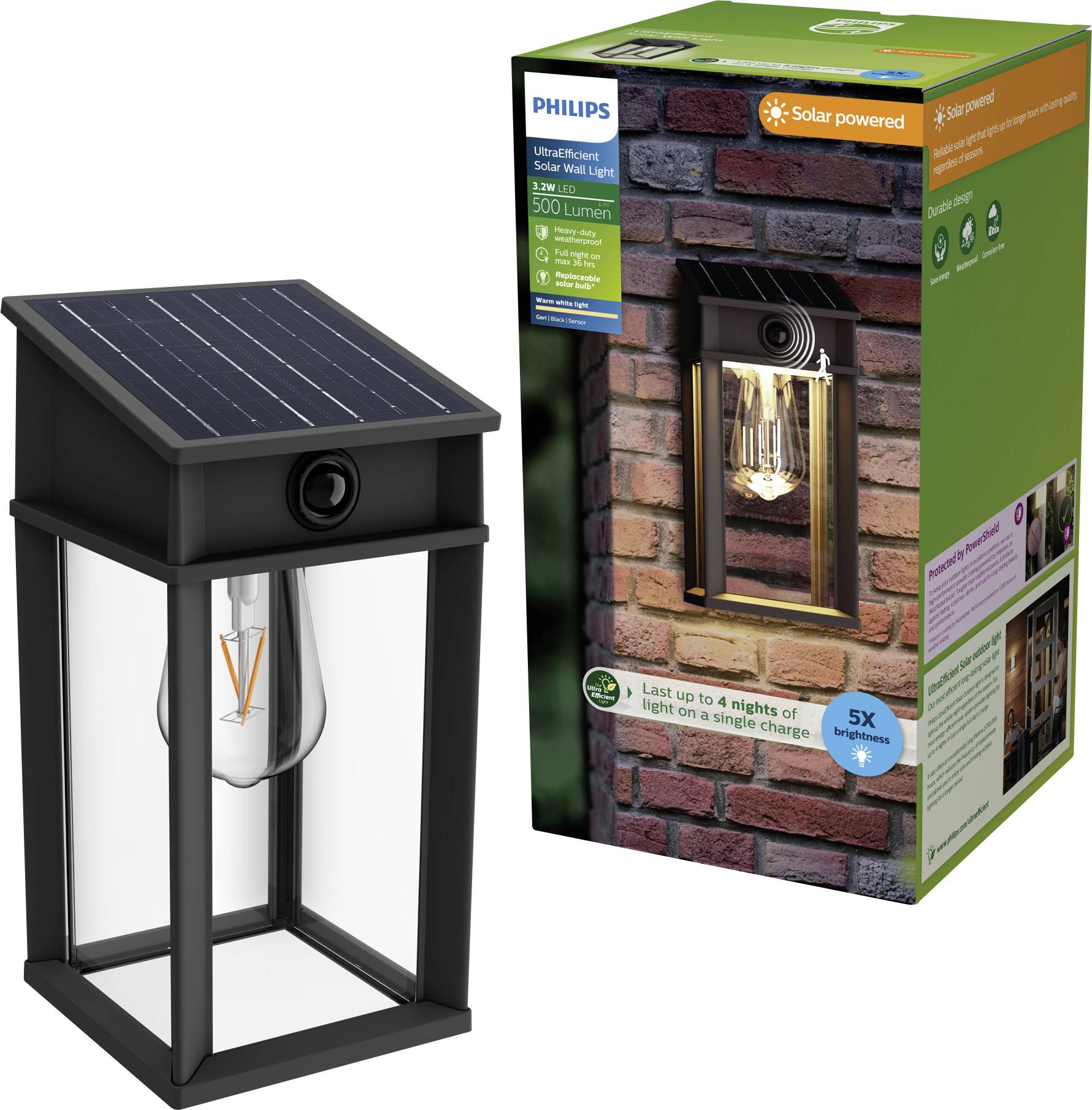 Eine solarbetriebene Außenwandleuchte von Philips mit Solarpanel und 50 Lumen Helligkeit, geeignet für eine Betriebsdauer von bis zu 4 Nächten.