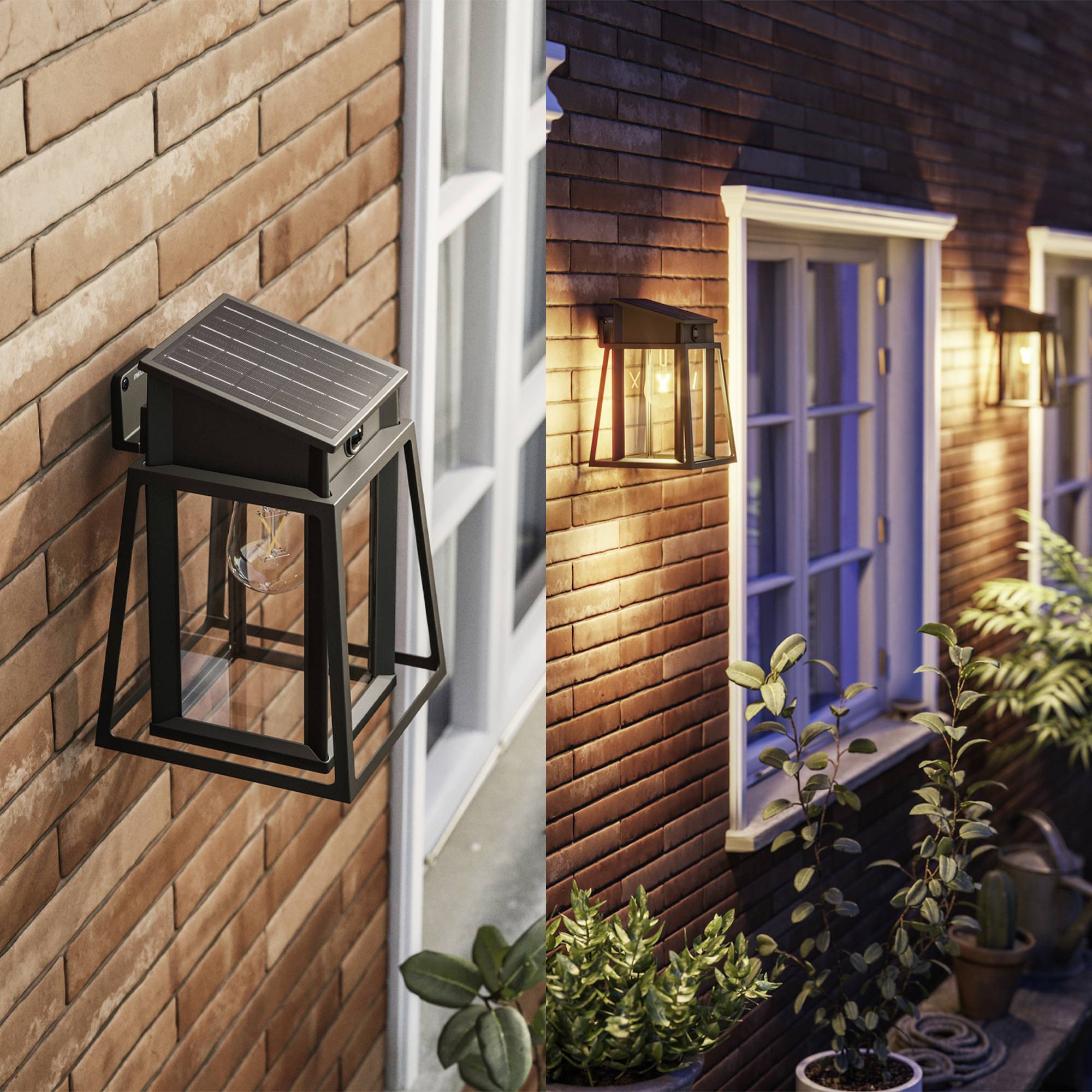 Eine Außenwand mit mehreren solarbetriebenen Wandlampen im traditionellen Stil, die einen Gehweg entlang eines Hauses beleuchten.