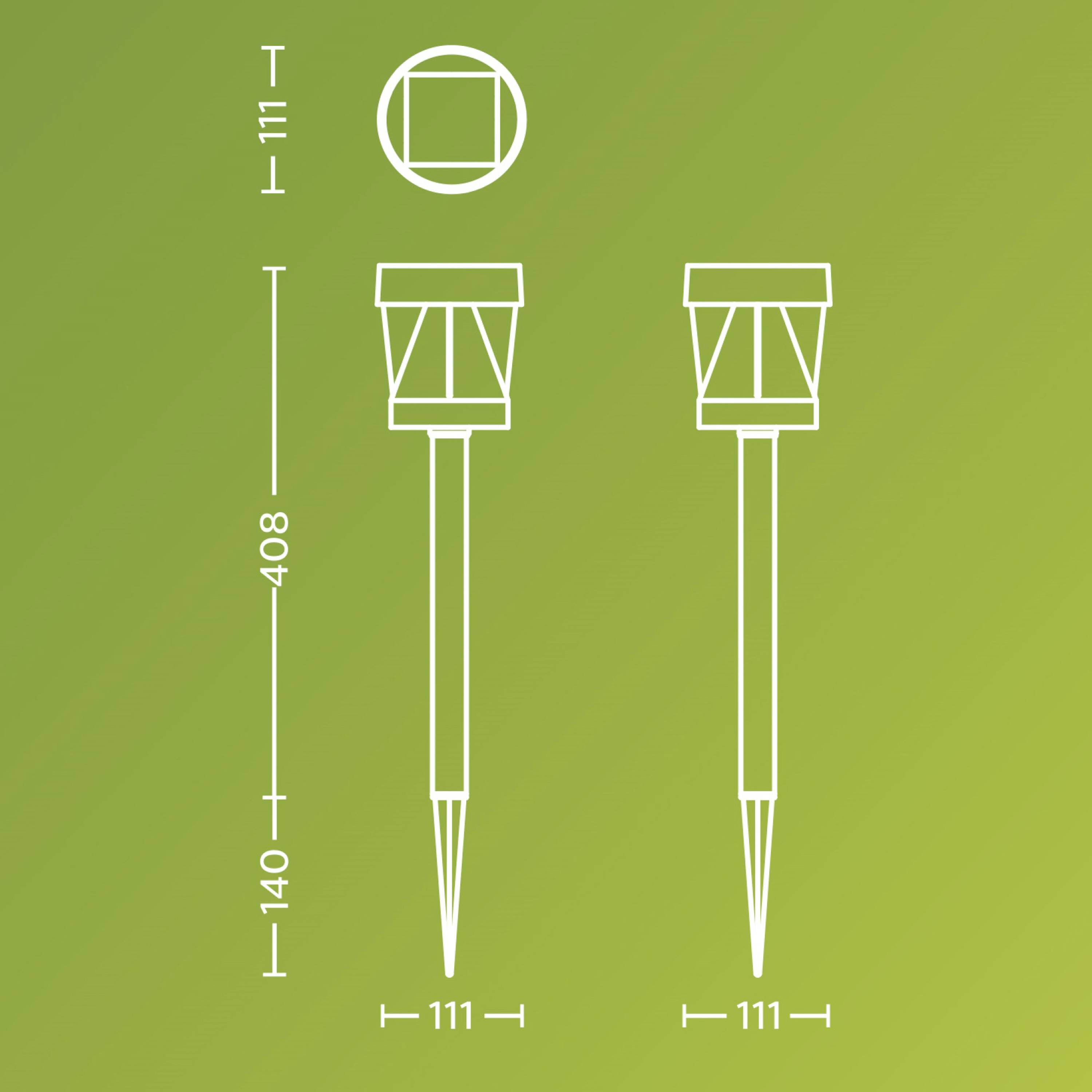 Diagramm zeigt die Abmessungen eines Pfostens: Höhe 408 mm, Breite 111 mm, Spitze 140 mm hoch. Anzeige der Draufsicht und Seitenansicht auf grünem Hintergrund.