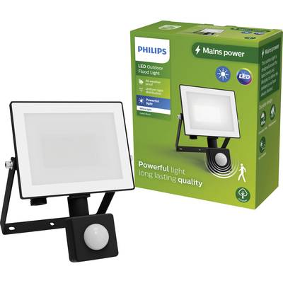 'Philips LED Outdoor Flood Light' mit Bewegungsmelder, wasserfest und energiesparend. Verpackung zeigt Bilder und wichtige Produktinfos.