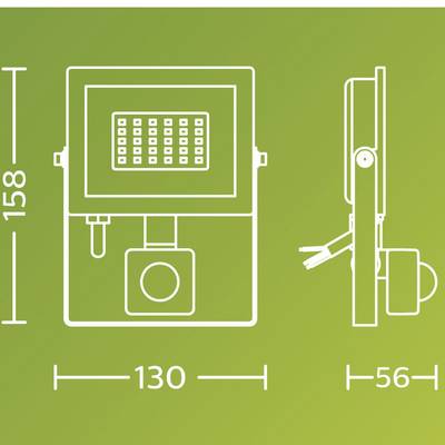 Technische Zeichnung eines rechteckigen Geräts mit Maßen: Höhe 158 mm, Breite 130 mm, Tiefe 56 mm.