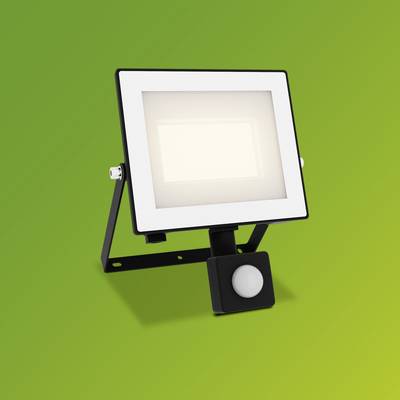 LED-Flutlicht mit Bewegungsmelder vor grünem Hintergrund, geeignet für Außenbeleuchtung.