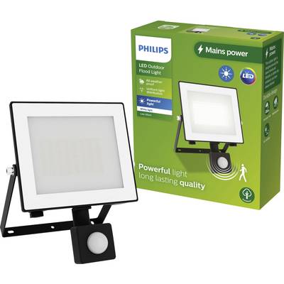LED-Flutlichtstrahler von Philips. Verpackung zeigt Produkt und hebt Eigenschaften hervor: wetterfest, leistungsstarkes Licht, lange Lebensdauer.