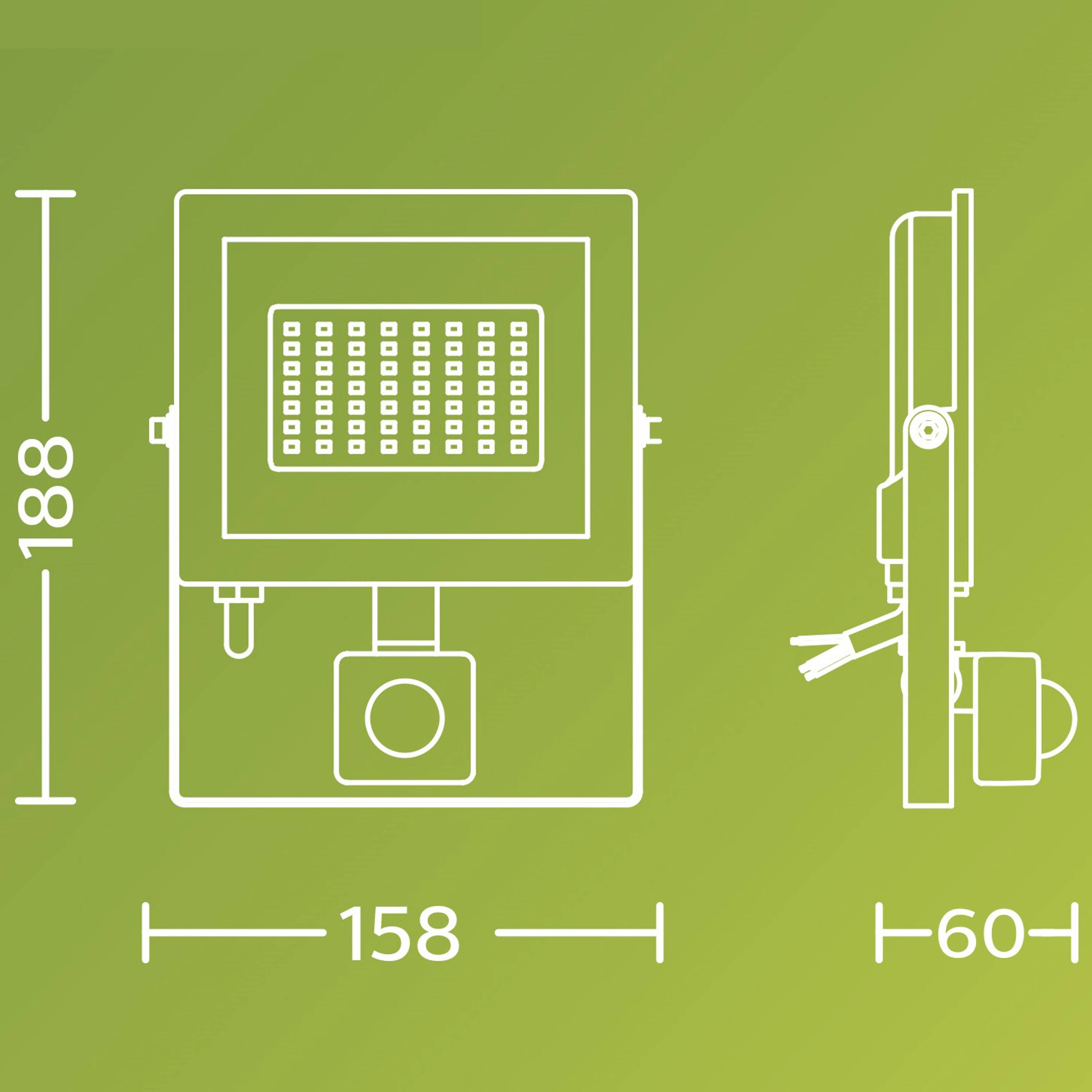 LED-Flutlicht mit Bewegungssensor. Maße: Höhe 188 mm, Breite 158 mm, Tiefe 60 mm. Geeignet für Außenbeleuchtung.