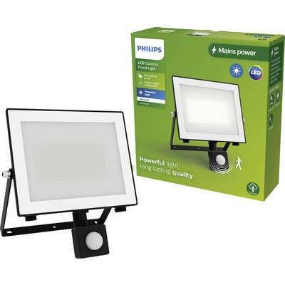 LED-Außenstrahler von Philips neben der Produktverpackung. Text auf der Verpackung: 'Powerful light, long lasting quality'.