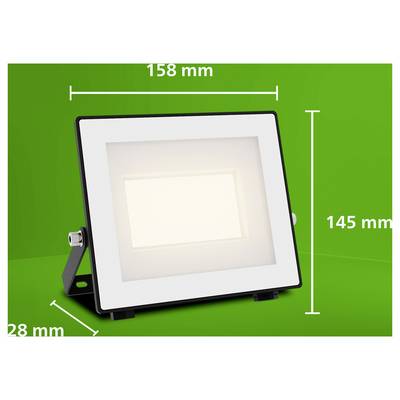 Abbildung einer rechteckigen LED-Flutlichtleuchte auf einem Ständer, mit Abmessungen von 158 mm Breite, 145 mm Höhe und 28 mm Tiefe.
