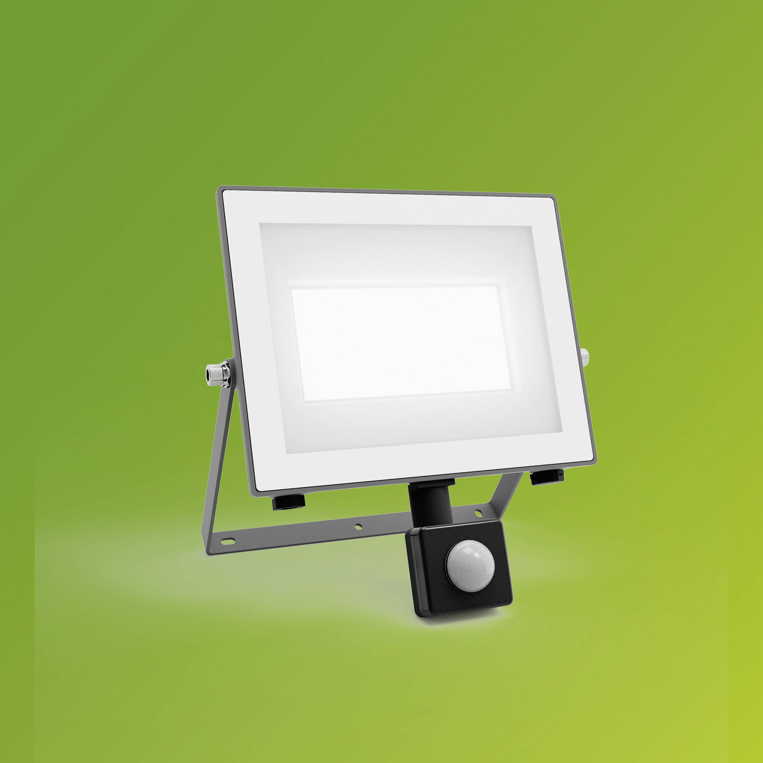 Ein LED-Flutlicht mit Bewegungssensor, auf grünem Hintergrund dargestellt. Ideal für die Beleuchtung von Außenbereichen.