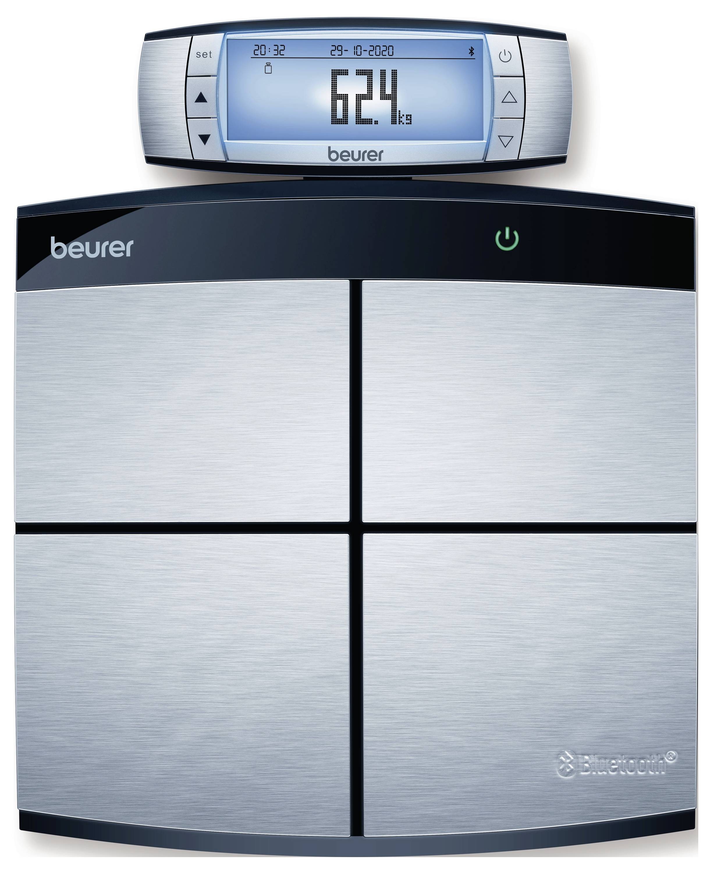 Digitale Körperwaage mit LCD-Anzeige oben, zeigt Gewicht '62,4 kg'. Elegantes, modernes Design mit silberner Oberfläche.