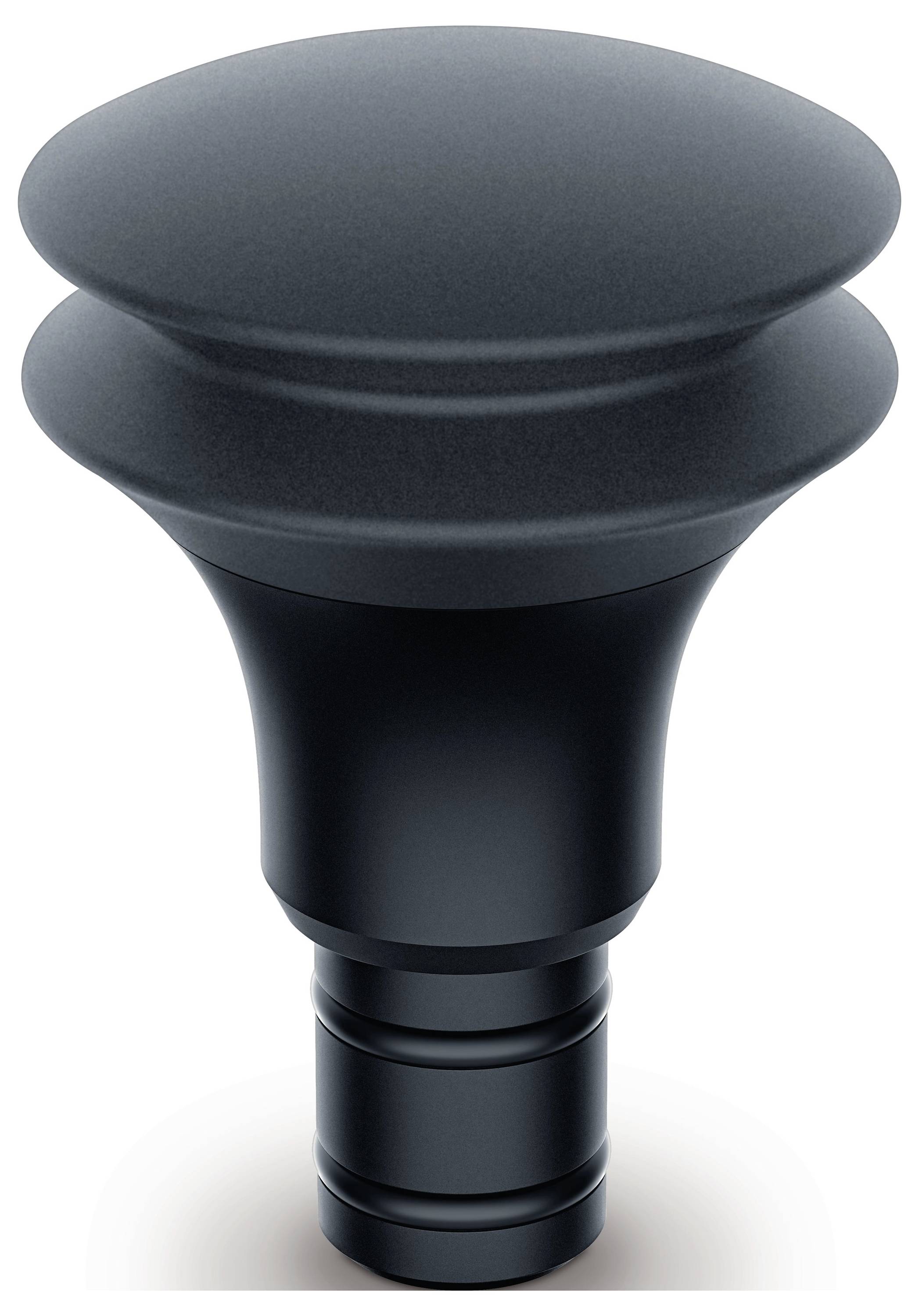 Ein schwarzer, runder Türknauf mit glatter, moderner Form.