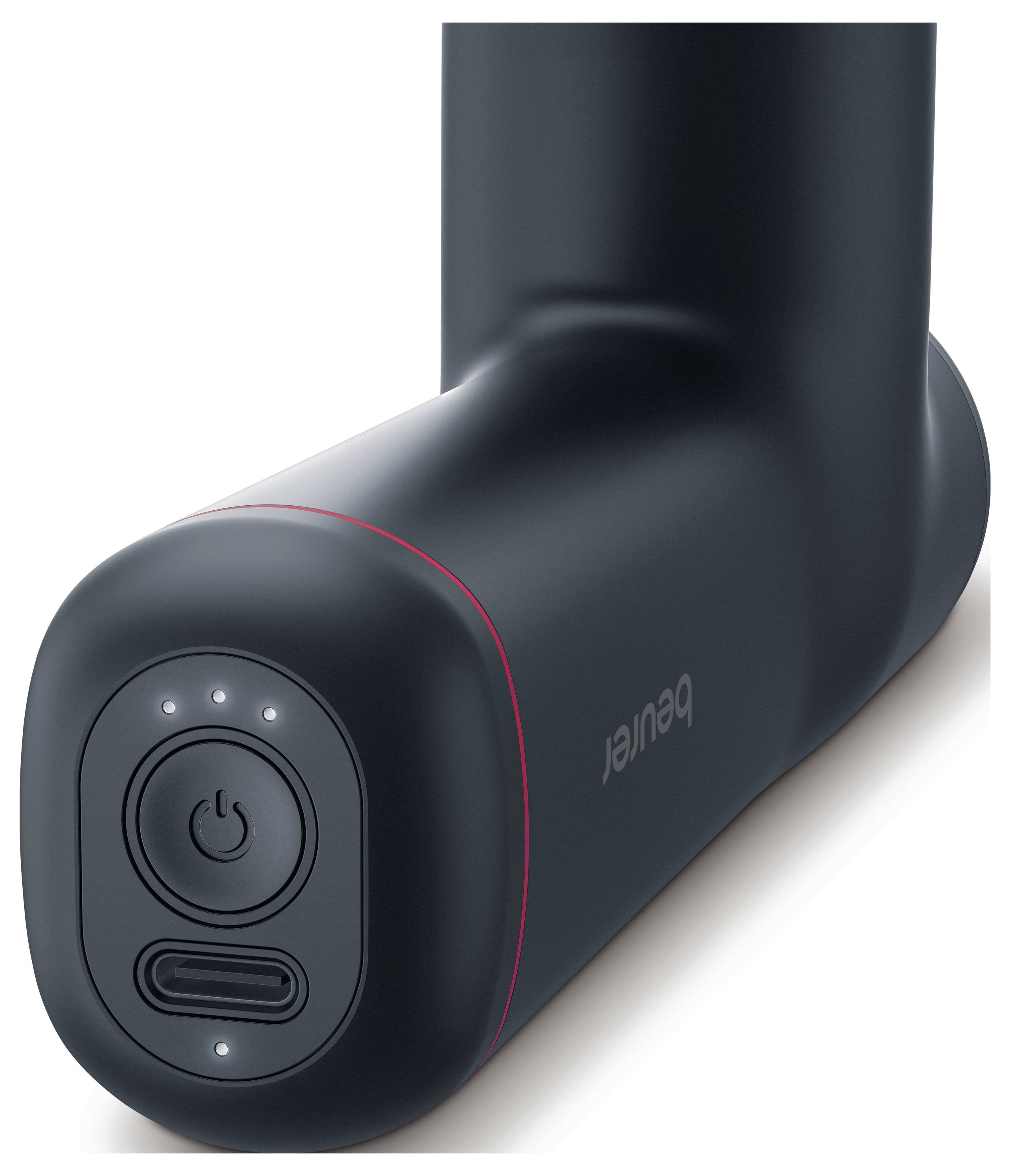 Schwarzes Handmassagegerät mit rotem Akzent, abgeschrägtes Design. Vorderseite mit Ein-/Aus-Taste und Ladeanschluss. Marke 'Beurer'.