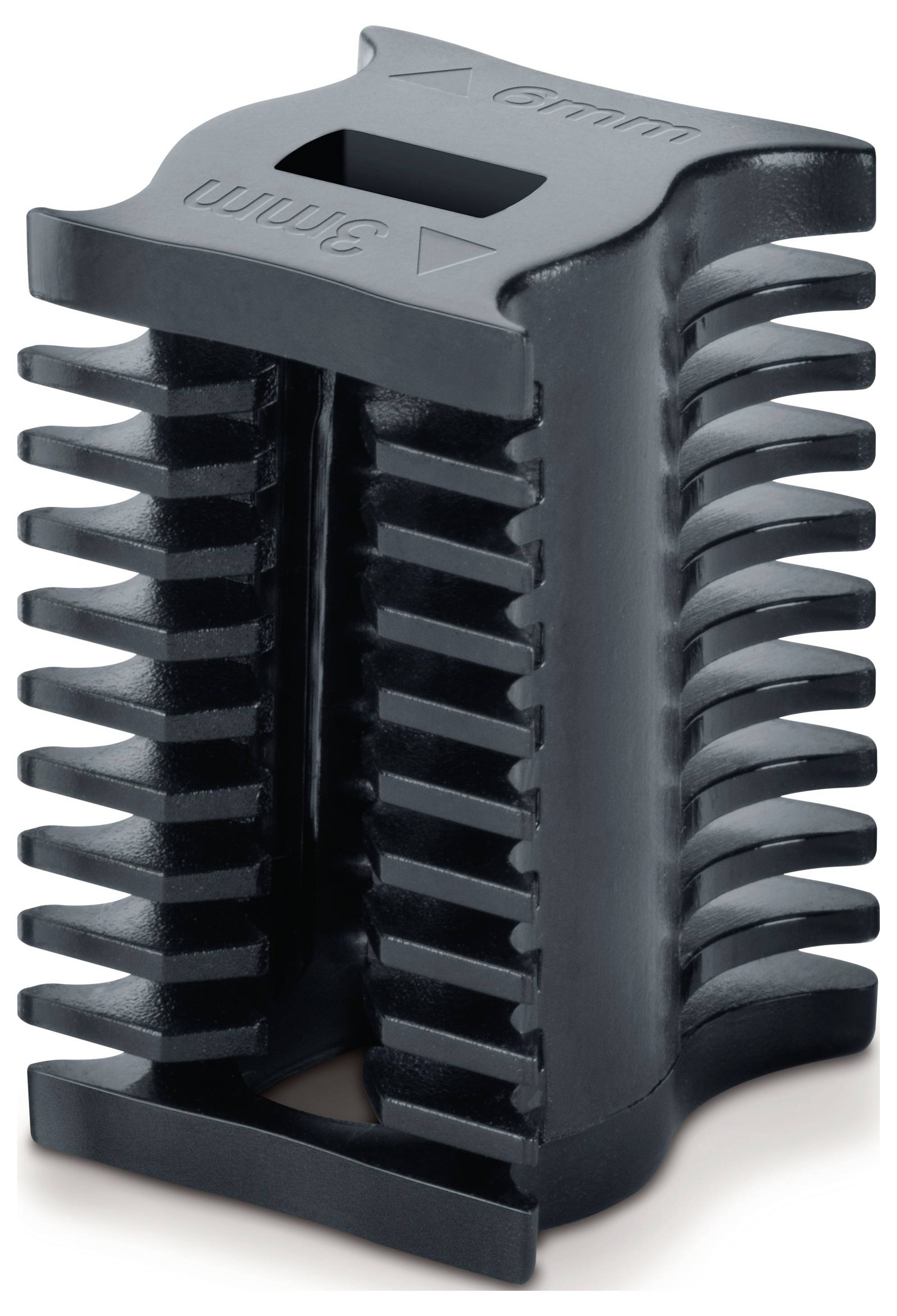 Ein schwarzes, rechteckiges Kunststoffobjekt mit gerippten Seiten, ähnlich einem Kabelkamm. Oben sind Angaben '3 mm' und '9 mm'.