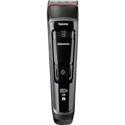 Elektrischer Haarschneider in Schwarz, Marke Beurer. Zeigt Schnittlängen von 0,9 bis 2,4 mm und eine digitale Anzeige mit 100% Akkuladung.