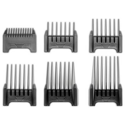 Sechs Kammaufsätze in zwei Reihen, jeweils für Haarschneidemaschinen, gekennzeichnet mit Längen von 3mm bis 25mm.