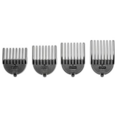 Vier schwarze Haarschneideaufsätze in verschiedenen Längen: 3 mm, 6 mm, 9 mm und 12 mm. Ideal für präzise Haarlängenkontrolle.