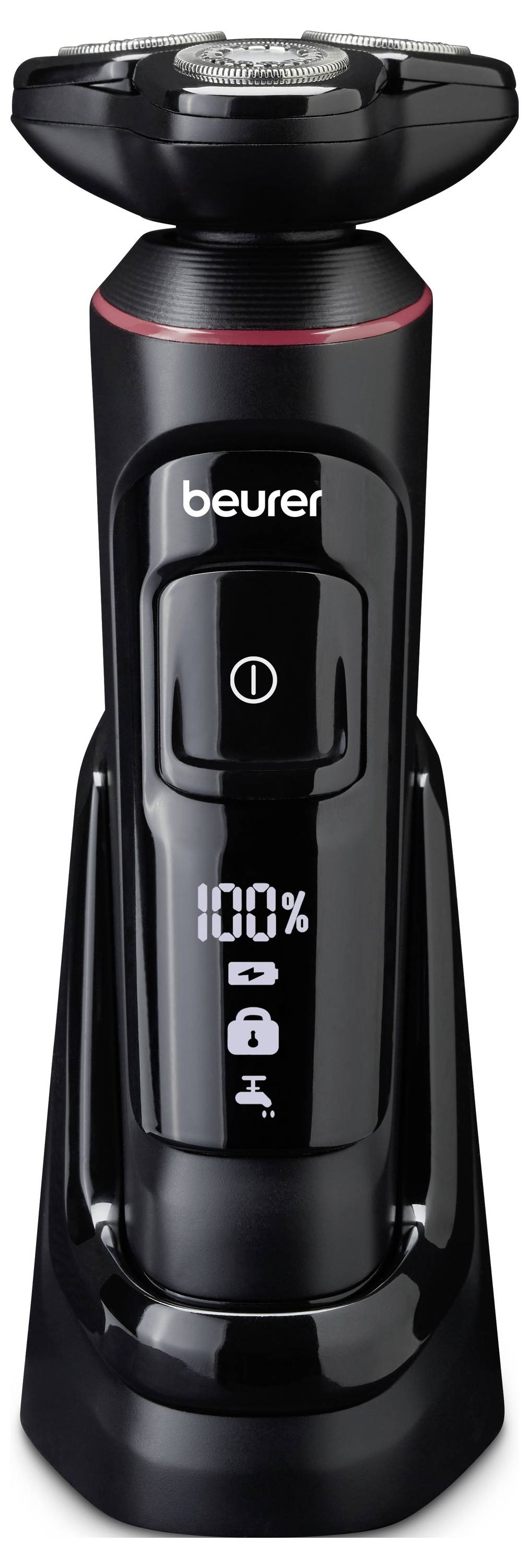 Elektrischer Rasierer der Marke Beurer in Schwarz, stehend in einer Ladestation. LED-Anzeige zeigt 100% Batteriestatus und ein Schloss-Symbol.